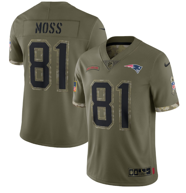 Men's New England Patriots #81 Randy Moss Olive 2022 Salute To Service Limited Stitched Jersey Men's New England Patriots #81 Randy Moss Olive 2022 Salute To Service Limited Stitched Jersey
